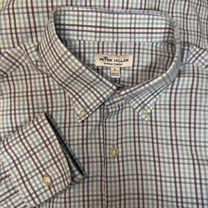 Peter Millar Summer Comfort Button Down Shirt Men's Large White Blue Long Sleeve